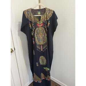 Horus Vintage Egyptian kaftan Robe, Black/‎ Gold Nefertiti/ Tutankhamun Design 4